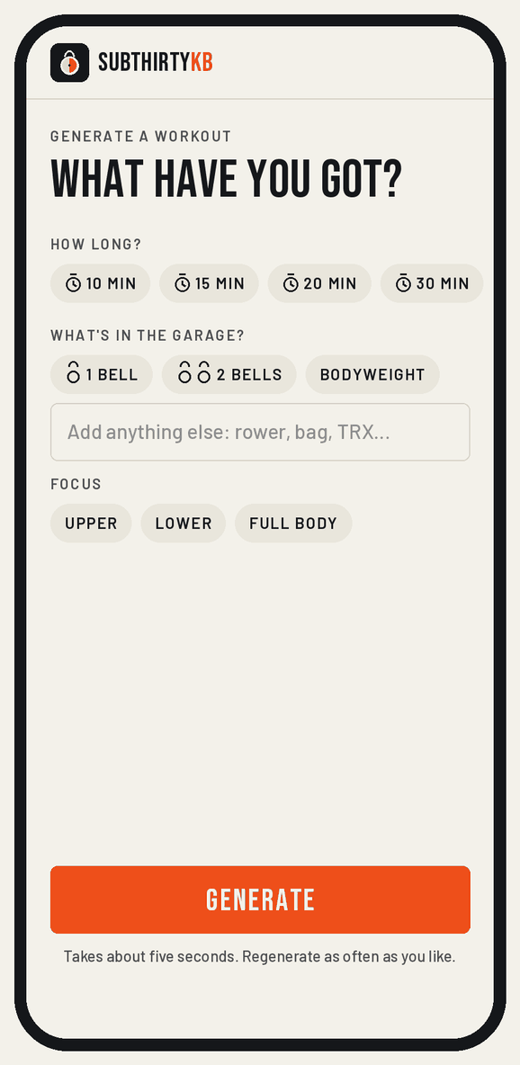 Animated demo: choosing 20 minutes, two bells and a rower, then generating a five-round workout and saving it